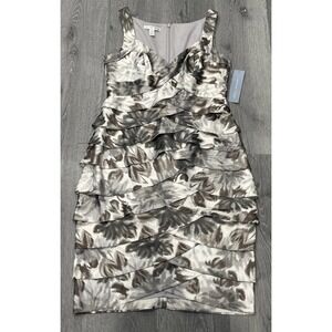 London Times Satin Sheath Shift Dress Ruffle Neutrals Abstract Print Women 8 NWT